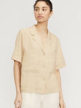 Everlane Tan Beige Linen Button Down Collared Short Sleeve Workwear Top Shirt
